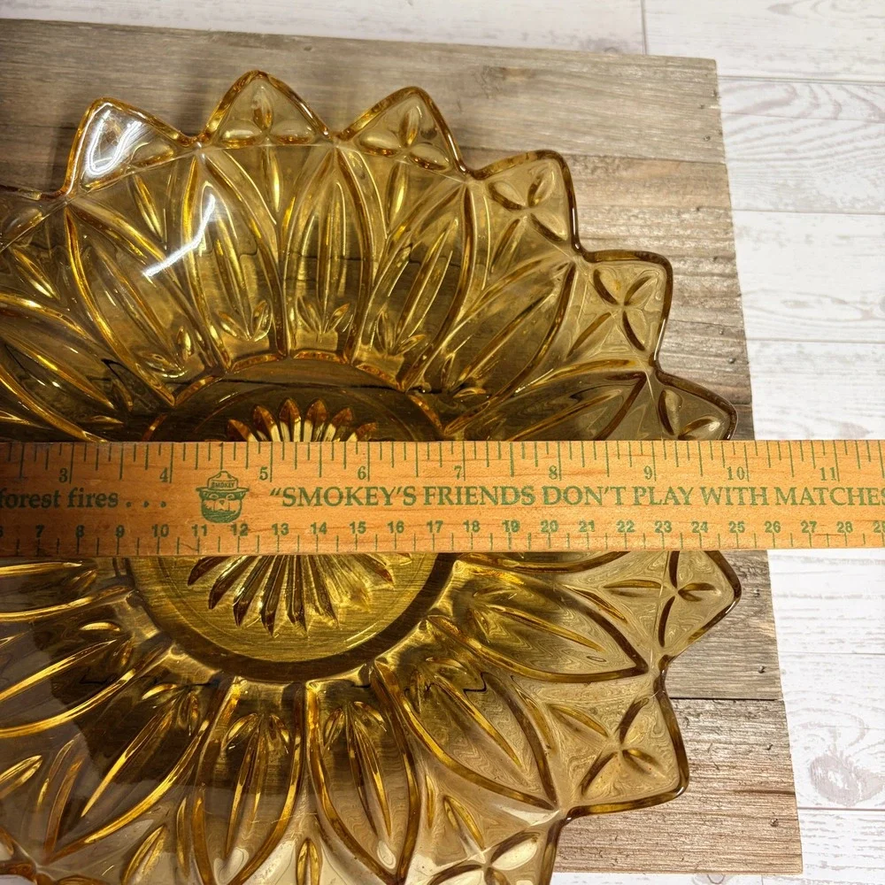 Vintage Federal Glass Amber Petal Sunflower Bowl Mid Century Pressed Glass 10.5